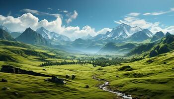 AI generated Majestic mountain range, green meadow, blue sky, tranquil scene generated by AI photo