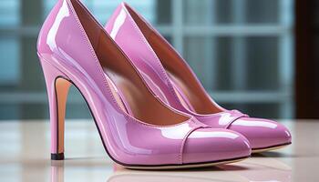 AI generated Fashionable women high heels in shiny patent leather, purple and black generated by AI photo