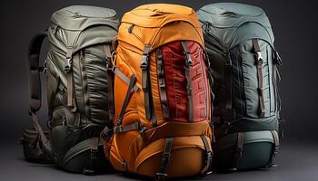 AI generated Hiking backpack, adventure travel, exploration bag, tourist journey, nature generated by AI photo