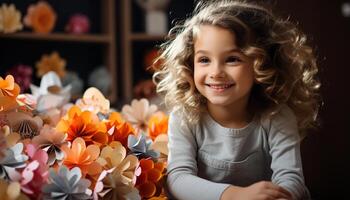 AI generated Smiling cute girl, happiness in childhood, joyful nature portrait generated by AI photo