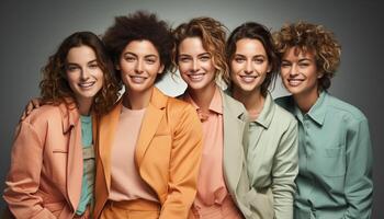 AI generated Group of cheerful young women and men smiling at camera generated by AI photo