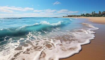 ai generado idílico tropical línea costera, olas salpicaduras en transparente azul agua generado por ai foto