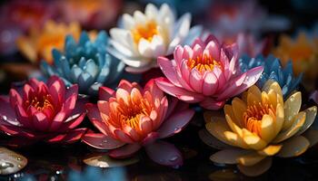 AI generated A vibrant lotus flower blossoms, symbolizing beauty and tranquility generated by AI photo