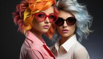 AI generated Beautiful fashion model with sunglasses looking at camera, elegant and sensual generated by AI photo