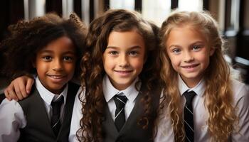 ai generado grupo de alegre niños en colegio uniformes sonriente a cámara generado por ai foto