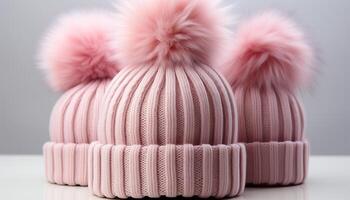 ai generado suave rosado lana gorra con mullido pom pompón, Perfecto para invierno generado por ai foto