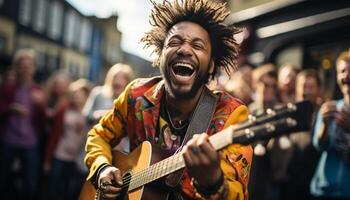 ai generado un alegre músico jugando guitarra trae felicidad a el multitud generado por ai foto