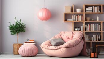 ai generado cómodo moderno vivo habitación con elegante madera mueble y brillante rosado acentos generado por ai foto