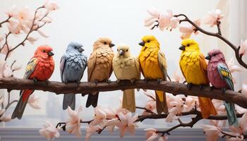 AI generated A vibrant collection of colorful birds perching on a branch generated by AI photo