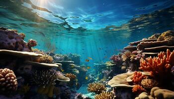 AI generated Underwater reef, fish, nature, coral, water, animal, blue, tropical climate generated by AI photo