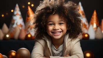 AI generated Smiling child, cheerful celebration, cute girl, winter joy, Christmas lights generated by AI photo