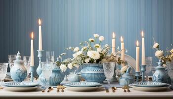 AI generated Elegant table decor  candlelight, flower arrangement, and antique vase generated by AI photo