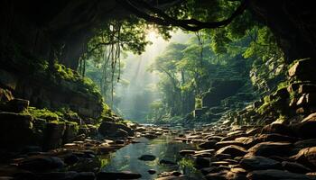 ai generado tranquilo escena verde árbol, fluido agua, reflejando luz de sol en estanque generado por ai foto