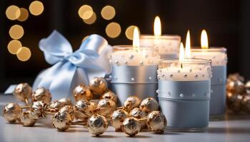 AI generated Christmas celebration  illuminated candle, gift decoration, glowing flame, shiny winter background generated by AI photo