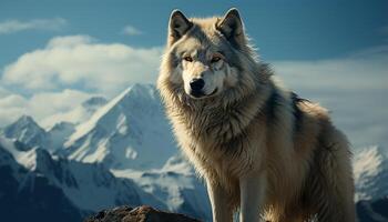 ai generado majestuoso lobo en ártico desierto, en pie en nieve cubierto montañas generado por ai foto