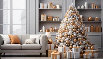 AI generated Cozy living room, modern decor, illuminated Christmas tree, comfortable sofa generated by AI photo