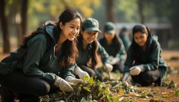 AI generated Group of young adults sitting outdoors, smiling in autumn forest generated by AI photo