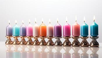 AI generated A vibrant collection of colorful candles in a row generated by AI photo