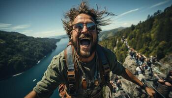 AI generated Smiling man hiking, enjoying nature freedom on mountain adventure generated by AI photo