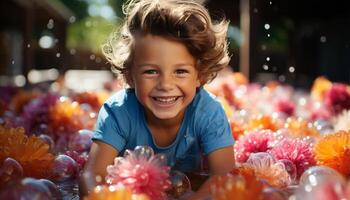 ai generado un lindo, alegre niño disfrutando naturaleza, sonriente a el cámara generado por ai foto