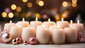 ai generado brillante vela ilumina oscuro noche, celebrando Navidad con calor generado por ai foto