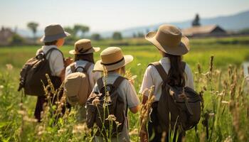 AI generated Men and women hiking in nature, enjoying summer vacations generated by AI photo