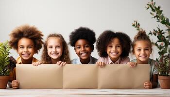 ai generado africano niña sonriente, linda Niños mirando a cámara, grupo adentro generado por ai foto