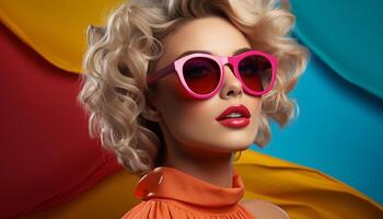 AI generated Young woman with blond hair and sunglasses exudes elegance and sensuality generated by AI photo