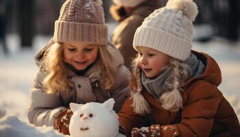 AI generated Smiling girls playing outdoors, embracing winter joyful togetherness and fun generated by AI photo