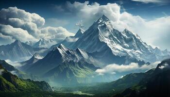 AI generated Majestic mountain peak, sky blue, tranquil meadow, autumn exploration generated by AI photo