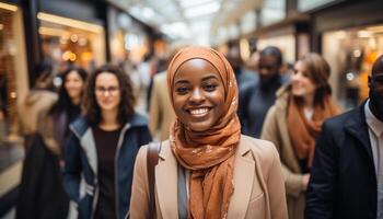 AI generated A group of young adults smiling, looking at camera happily generated by AI photo