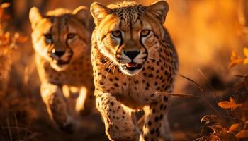 AI generated Majestic cheetah walking in African wilderness, beauty in nature generated by AI photo