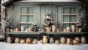 AI generated Winter pottery decoration indoors  clay jar, vase, rustic wood shelf generated by AI photo