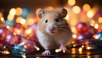 AI generated Cute small mammal looking at camera with glowing Christmas lights generated by AI photo