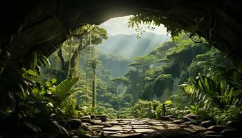 AI generated Tropical rainforest adventure  lush foliage, misty cliffs, and tranquil waters generated by AI photo