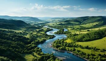 AI generated Tranquil meadow, green grass, blue sky, mountain peak, serene nature generated by AI photo