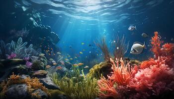 AI generated Underwater reef fish in nature, deep blue tropical climate generated by AI photo