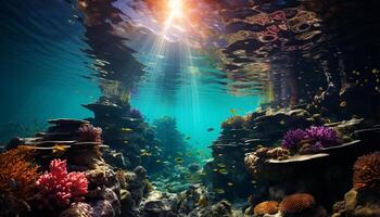 AI generated Underwater reef, fish, nature, animal, water, coral, scuba diving generated by AI photo