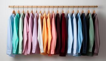 ai generado un vibrante colección de multi de colores vestidos colgando en un boutique generado por ai foto