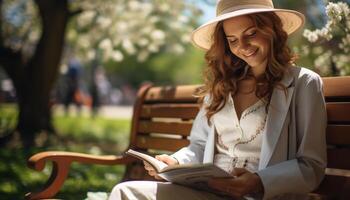 ai generado joven mujer sentado al aire libre, leyendo un libro, disfrutando naturaleza generado por ai foto