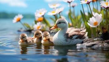 AI generated Young ducklings playing in a beautiful green meadow near a pond generated by AI photo