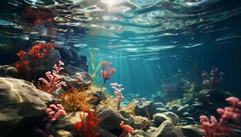 AI generated Underwater fish swim below colorful coral in tropical seascape generated by AI photo