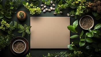 AI generated Fresh green leaf on wooden table, nature healthy decoration generated by AI photo