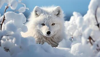 ai generado linda Samoyedo perrito corriendo en Nevado bosque, mirando a cámara generado por ai foto