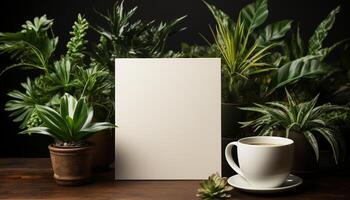 ai generado moderno oficina escritorio con planta, café, libro, y blanco papel generado por ai foto