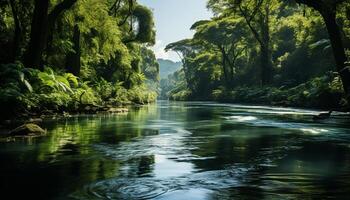 AI generated Tranquil scene  green forest, flowing water, reflecting beauty in nature generated by AI photo