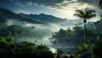 AI generated Tranquil tropical rainforest, mountain peak, reflecting in calm water generated by AI photo