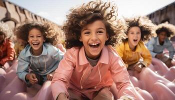 ai generado grupo de niños jugando al aire libre, sonriente y teniendo divertido juntos generado por ai foto