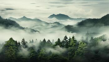 ai generado montaña pico en niebla, tranquilo escena, naturaleza belleza en paisaje generado por ai foto