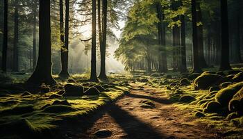 ai generado misterioso otoño bosque, tranquilo camino, luz de sol mediante conífero arboles generado por ai foto